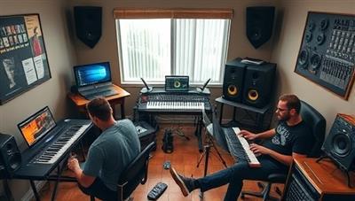 A creative home studio setup featuring individuals engrossed in music production, surrounded by keyboards, microphones, laptops, and audio interfaces, capturing the essence of hands-on digital music creation and learning offered by SoundCraft Academy's DIY music production workshops.