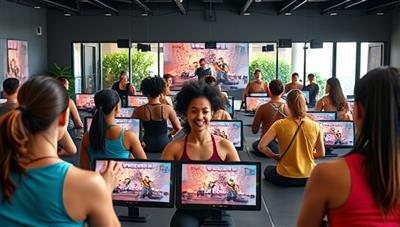 A vibrant and energetic virtual fitness class scene with diverse participants following a coach's instructions on their screens, showcasing a dynamic and interactive workout experience.