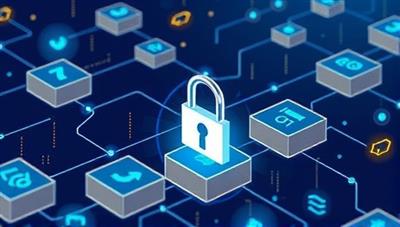 An illustrative depiction of blockchain technology in action, showing interconnected blocks representing secure financial transactions, with a digital lock symbolizing data integrity and trust, conveying a sense of security and transparency.
