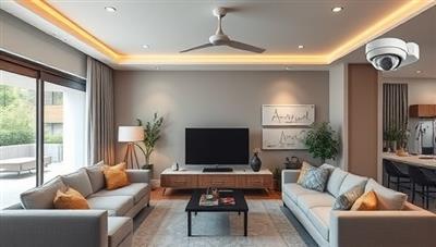 An image of a modern living room with integrated smart home devices like voice-controlled lights, a smart thermostat, and security cameras, showcasing a futuristic and convenient home environment.