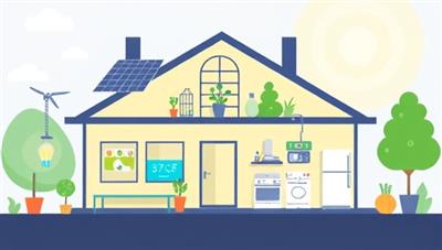 An illustration of a modern home with smart devices, solar panels, and energy-efficient appliances controlled by the EcoWise Tech app, showcasing a sustainable and tech-savvy living environment.