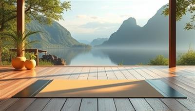 A serene digital landscape featuring virtual yoga mats, calming nature sounds, and soothing visuals of tranquil retreat settings, evoking a sense of relaxation and wellness escape in the online realm.