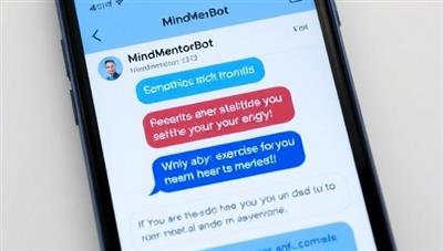 A smartphone screen displaying the MindMentorBot chat interface with empathetic responses, self-care prompts, and mindfulness exercises for users seeking mental health support and guidance, illustrating the convenience and compassion of AI-powered mental health assistance.