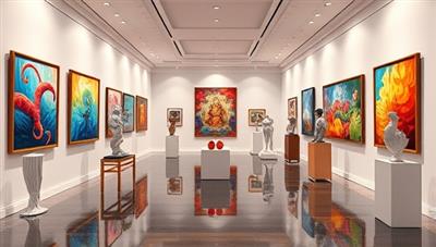 A virtual art gallery setting with colorful paintings, sculptures, and digital art installations displayed in an elegant and immersive environment, inviting users to explore and appreciate art from different perspectives in a digital space.