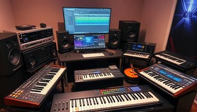 A vibrant and creative virtual music production studio setup with digital audio workstations, MIDI controllers, musical instruments, and collaborative tools, illustrating the collaborative and innovative nature of virtual music creation and production.