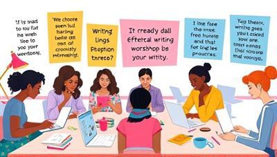 A vibrant digital illustration of a virtual writing workshop environment, featuring diverse participants engaging in creative activities on laptops and tablets, with inspirational quotes and writing prompts displayed in the background, conveying a sense of community and creativity.
