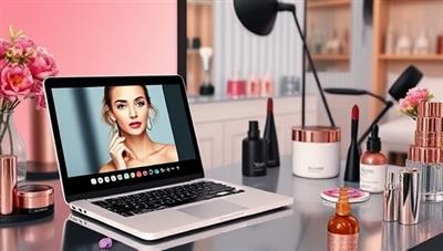 A sleek and modern virtual beauty consultation setting with a laptop displaying a beauty tutorial, a variety of skincare and makeup products in the background, and a cozy corner for relaxing consultations, creating a luxurious and personalized beauty experience.
