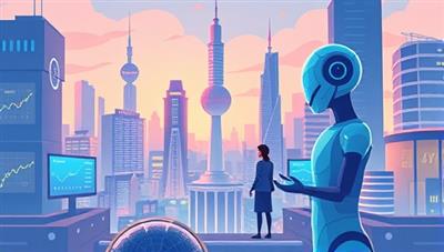 An illustration of a futuristic cityscape with digital screens displaying financial data and a friendly AI assistant guiding individuals through financial decisions, symbolizing the blend of technology and personal finance management.