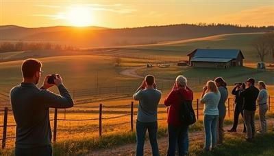 An enchanting image capturing a group of workshop participants engrossed in photographing a picturesque farm landscape during golden hour, with the warm sunlight casting a beautiful glow on the rolling fields and rustic barns, inspiring creativity and photography passion.