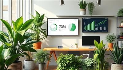 An eco-friendly office scene with a balance of green plants, renewable energy sources, and digital screens displaying sustainability metrics and financial reports, symbolizing the harmonious integration of eco-conscious practices and financial management offered by EcoMetrics Advisors in a visually appealing setting.