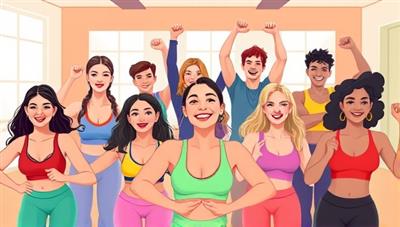 A vibrant digital illustration of a diverse group of individuals participating in a virtual fitness class, with colorful workout gear and enthusiastic expressions, conveying energy and community in an online fitness setting.