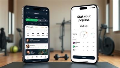 A sleek and modern app interface displaying a workout schedule, progress tracker, and a motivational quote, set against a backdrop of a home gym setup with exercise equipment, inspiring users to stay active and committed.