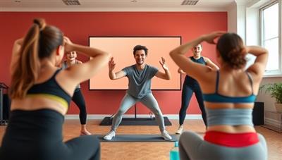 A vibrant and dynamic virtual workout session with a trainer guiding a group of participants through exercises via video call, showcasing energy, motivation, and engagement.