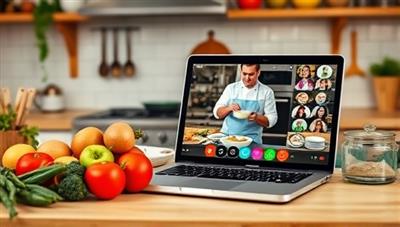 An inviting kitchen setup with fresh ingredients, cooking utensils, and a laptop displaying a live cooking class session, with a chef guiding participants through a recipe, creating a warm and interactive cooking environment for subscribers to enjoy.