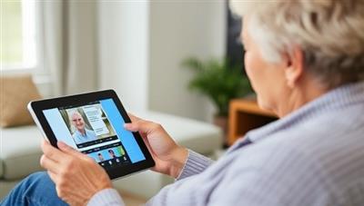 An older adult engaging with a tablet or smartphone while receiving virtual tech support from a friendly expert, with a digital tutorial displayed on the screen and a supportive atmosphere, highlighting the accessibility and assistance provided by SilverTech Connect.