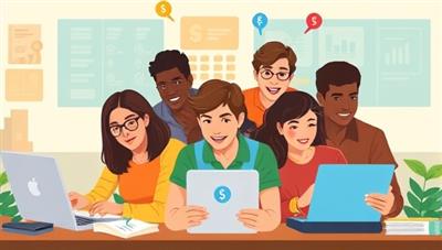 An illustration of a diverse group of teenagers engaged in an online financial literacy course, with colorful visuals and interactive elements, showcasing the engaging and educational experience offered by MoneyMindsTeen.