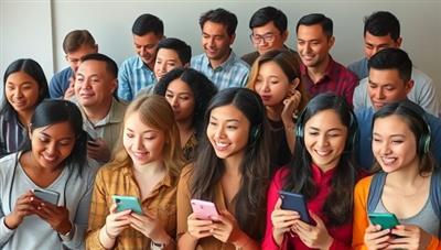 A diverse group of individuals listening to PolyPods language learning podcasts through various devices, showcasing the multicultural and educational aspects of the podcast network in a dynamic and engaging audio setting.