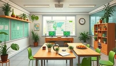 An eco-friendly digital classroom environment within GreenGenius Academy, featuring sustainable living resources, green technologies, and interactive sustainability challenges, creating an inspiring and educational space for eco-conscious learning and action.