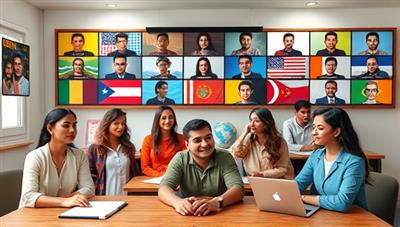 An interactive virtual classroom setting with diverse avatars representing users from different countries engaging in language exchange activities, showcasing a vibrant and inclusive learning community.