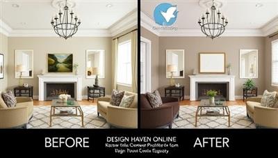 An elegant room visualization with before-and-after images of a virtual design transformation, featuring a cohesive color palette, stylish furniture arrangement, and decorative accents, highlighting the impact of Design Haven Online's services.
