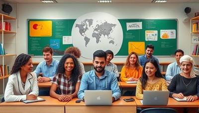 A vibrant virtual classroom setting with diverse avatars representing users from different cultures engaging in language exchange activities, creating a dynamic and inclusive learning environment.