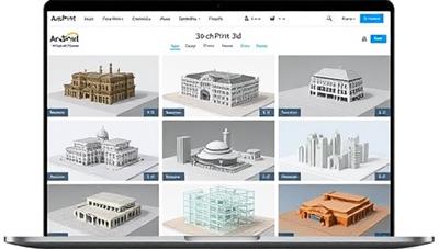 An online platform featuring a range of 3D-printed architectural models, from intricate building designs to urban landscapes, displayed in a visually appealing and professional manner, highlighting the precision and craftsmanship of ArchPrint 3D's model-making service.