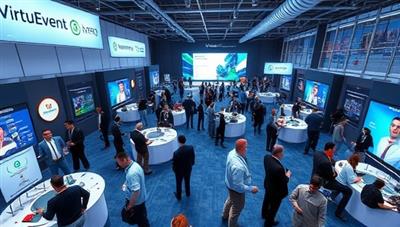 An immersive virtual event space with digital booths, interactive networking areas, and a main stage for presentations, featuring a diverse group of avatars engaging in conversations and attending virtual sessions, conveying the dynamic and engaging nature of VirtuEvent Pro.