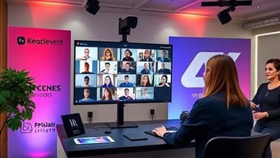 A professional virtual event setup featuring an event planner coordinating a virtual conference with multiple participants on-screen, alongside branding elements, interactive features, and engaging visuals, showcasing the capabilities and professionalism of the virtual event service.