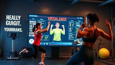 An energetic workout scene with a virtual coach guiding a user through a dynamic exercise routine on a digital screen, surrounded by motivational quotes and fitness equipment, evoking motivation and dedication to health goals.