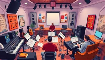 A captivating illustration of a virtual music studio filled with musical instruments, digital music production equipment, and a diverse group of participants engaging in a music composition masterclass led by a renowned composer, capturing the essence of creativity and musical collaboration.