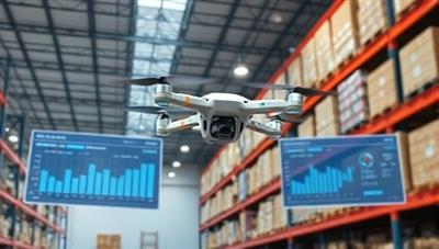 An aerial view of a warehouse facility with drones flying overhead, conducting inventory audits with precision and speed, while data analytics screens display real-time inventory counts and audit reports, creating a futuristic and efficient auditing process in warehouse management.