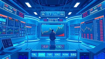 An immersive digital illustration showcasing a virtual trading floor environment with animated stock tickers, trading charts, and competitive leaderboards, highlighting the engaging and interactive nature of the gamified investment trading platform.