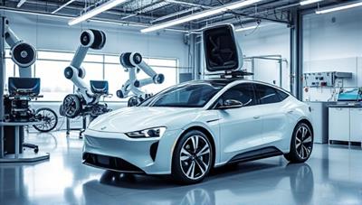 An innovative service bay with robotic arms conducting maintenance on a sleek autonomous vehicle, showcasing a blend of cutting-edge technology and automotive expertise.