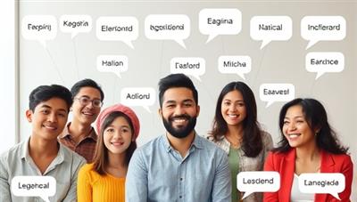 A diverse group of individuals from different cultures engaging in a virtual language exchange session, with speech bubbles displaying words in various languages, symbolizing connection and learning.