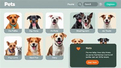 A digital pet adoption interface featuring a diverse range of rescue animals in need of loving homes, interactive bio profiles, virtual playrooms for meet-and-greets, and heartwarming adoption success stories, creating a virtual haven for pets and adopters to connect and thrive together.