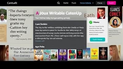 An online platform interface displaying a virtual writing community hub with members sharing stories, providing feedback, and engaging in writing challenges, surrounded by inspirational quotes and book covers, creating a vibrant and collaborative space for creative expression.