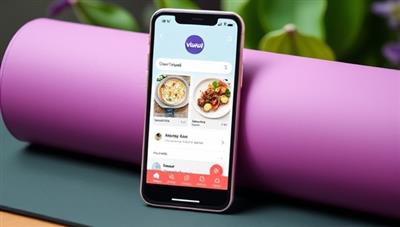 A sleek and modern smartphone displaying the VibeWell app interface, showcasing personalized workout recommendations and healthy recipes, with a background of vibrant greenery and a yoga mat, promoting a balanced lifestyle.