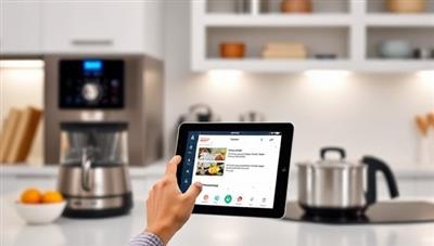 A smart kitchen setup with voice-activated appliances and the SmartChef Voice app displayed on a tablet, showing a user interacting with the app to search for recipes and control cooking settings, depicting the futuristic and efficient cooking experience.