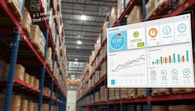 A warehouse scene with sensors and IoT devices seamlessly tracking inventory movements, with a digital dashboard displaying real-time data analytics and stock levels, illustrating the efficiency and modernity of SmartStock Solutions.