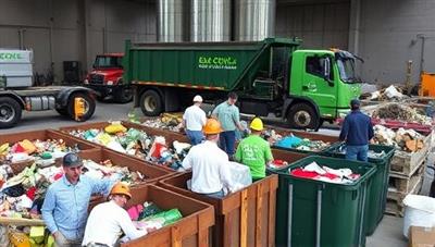 A construction site with workers sorting various materials into recycling bins, with a recycling truck in the background collecting waste for processing, showcasing the sustainable and eco-friendly operations of EcoCycle Solutions.
