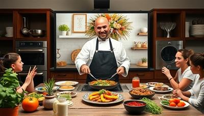 A virtual cooking class setup with a celebrity chef leading a live demonstration on preparing a gourmet dish, surrounded by cooking utensils, fresh ingredients, and eager participants following along from their own kitchens, creating a dynamic and interactive culinary experience.