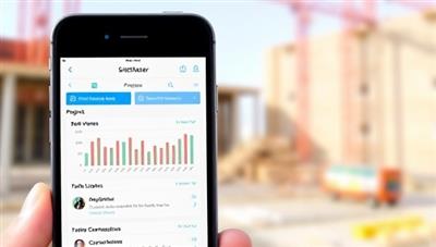 A smartphone displaying the SiteMaster app interface with project progress charts, task lists, and communication channels, set against a construction site backdrop, highlighting the app's practicality and real-time project tracking capabilities.