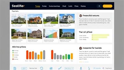 An engaging digital interface displaying a diverse portfolio of real estate properties with interactive investment options, charts illustrating projected returns, and testimonials from successful investors, conveying trust and accessibility in real estate crowdfunding.