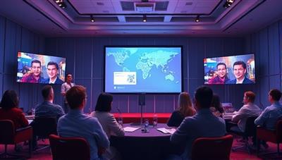 An artistic rendering of a virtual event setup with digital screens displaying interactive content, virtual attendees engaging in discussions, and a virtual event planner coordinating the experience, illustrating the essence of virtual event planning services.