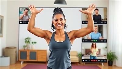 An energetic virtual fitness coach leading a workout session via video call, with diverse participants following along from different locations, showcasing convenience and inclusivity.