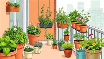 An illustration of a small urban balcony transformed into a lush garden oasis with Greenscape Kits' sustainable gardening products, featuring vibrant planters, blooming herbs, and eco-conscious tools, showcasing the beauty and convenience of urban gardening in limited spaces.