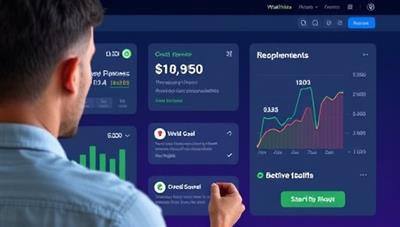 An individual using the WealthWise AI platform to track expenses, receive investment recommendations, and set financial goals, creating a visual representation of financial health and wealth building through automated assistance and smart money management.