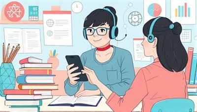 An illustrated scene showing a student using a smartphone to interact with a friendly AI tutor avatar, surrounded by digital study materials and virtual learning tools, creating a futuristic and engaging study environment.
