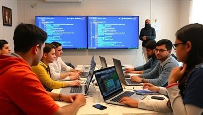 A dynamic coding bootcamp session with participants engrossed in coding exercises, debugging code on-screen, and collaborating on a programming project under the guidance of coding mentors, fostering a supportive online learning environment for aspiring developers.