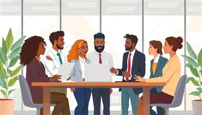 An illustrative depiction of a diverse group of professionals collaborating in a modern office setting, symbolizing the inclusive and collaborative work environment fostered by the Diversity & Inclusion Recruitment Consultancy, DiverseHire.